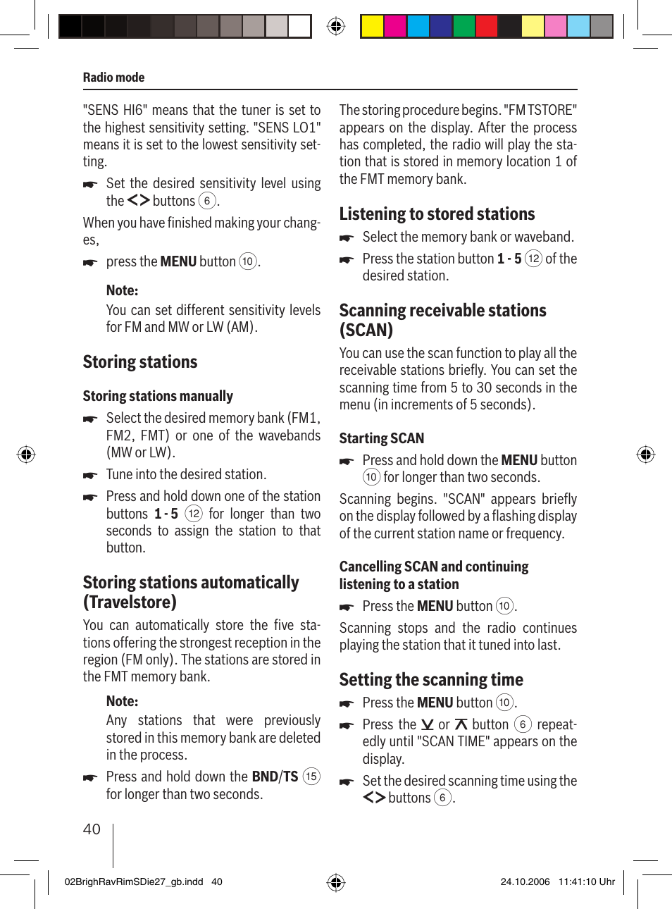 Storing stations, Storing stations automatically (travelstore), Listening to stored stations | Scanning receivable stations (scan), Setting the scanning time | Blaupunkt BRIGHTON MP27 User Manual | Page 13 / 30