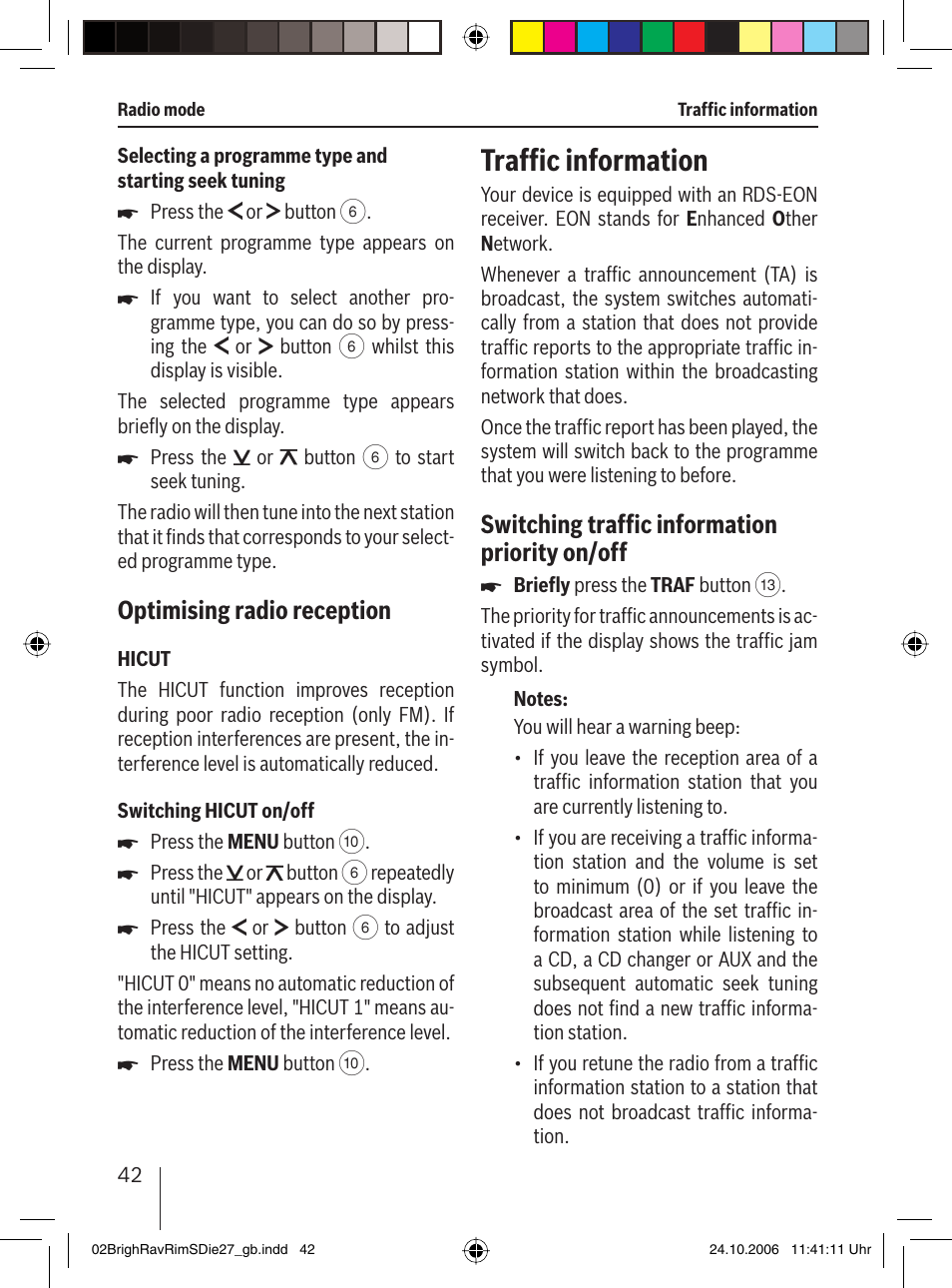Trafﬁ c information, Optimising radio reception, Switching trafﬁ c information priority on/off | Blaupunkt BRIGHTON MP27 User Manual | Page 15 / 30