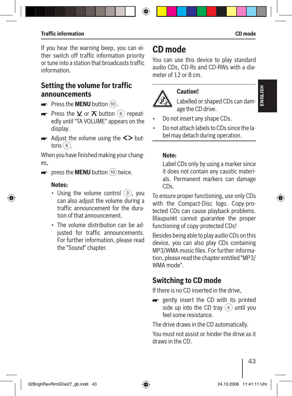 Cd mode, Setting the volume for trafﬁ c announcements, Switching to cd mode | Blaupunkt BRIGHTON MP27 User Manual | Page 16 / 30