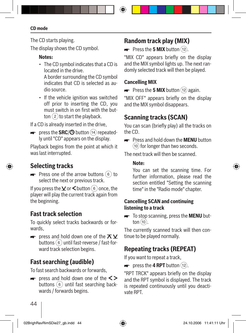 Selecting tracks, Fast track selection, Fast searching (audible) | Random track play (mix), Scanning tracks (scan), Repeating tracks (repeat) | Blaupunkt BRIGHTON MP27 User Manual | Page 17 / 30