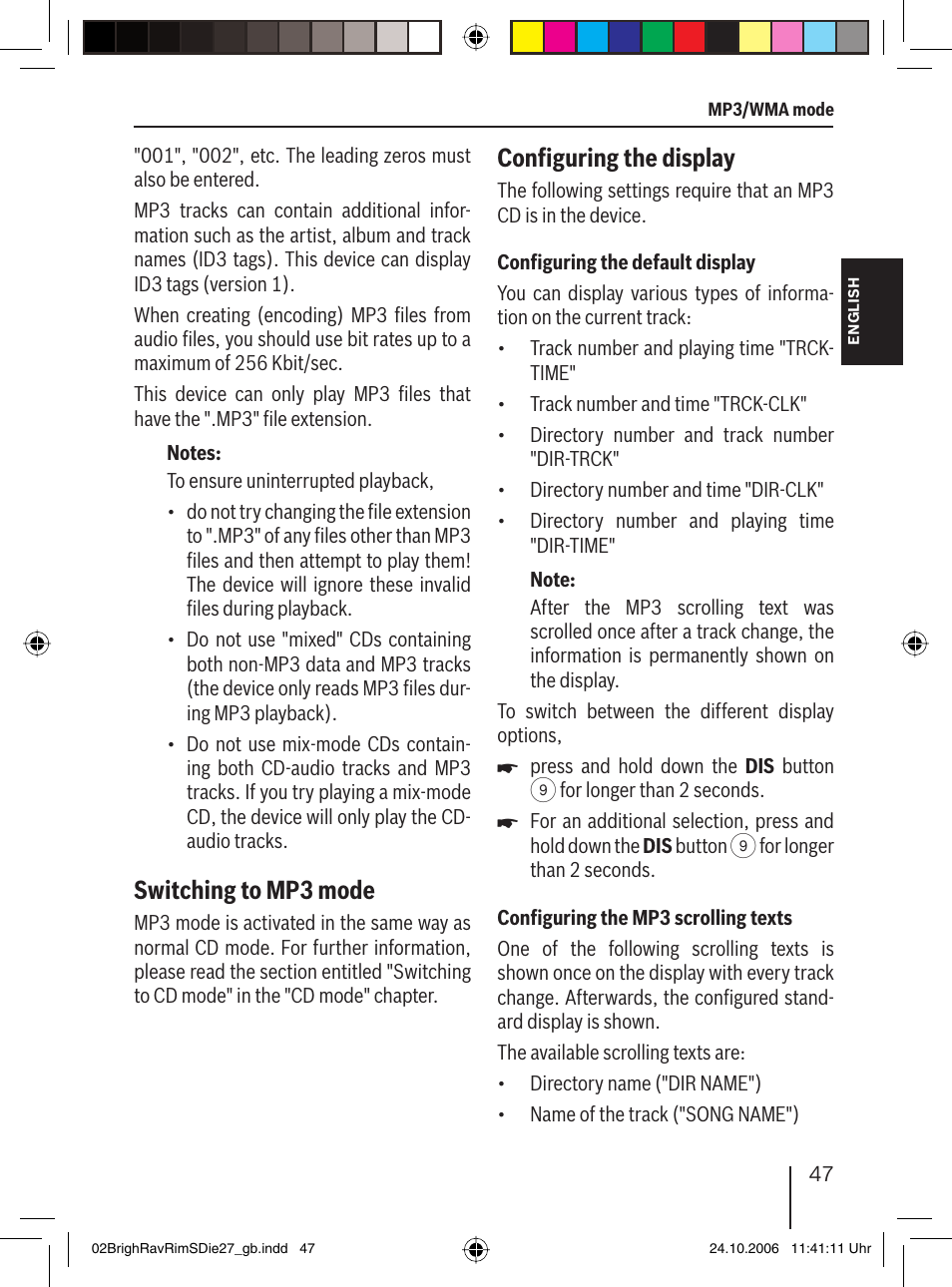 Switching to mp3 mode, Conﬁ guring the display | Blaupunkt BRIGHTON MP27 User Manual | Page 20 / 30