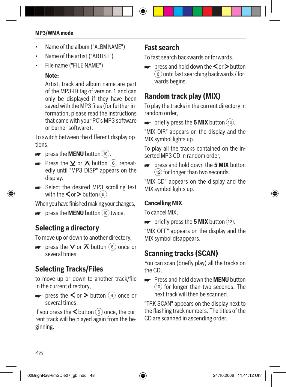 Selecting a directory, Selecting tracks/files, Fast search | Random track play (mix), Scanning tracks (scan) | Blaupunkt BRIGHTON MP27 User Manual | Page 21 / 30