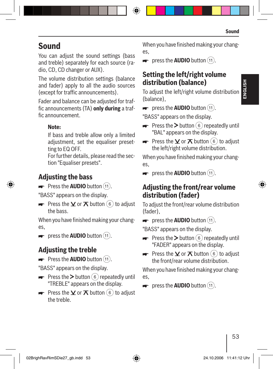 Sound, Adjusting the bass, Adjusting the treble | Blaupunkt BRIGHTON MP27 User Manual | Page 26 / 30