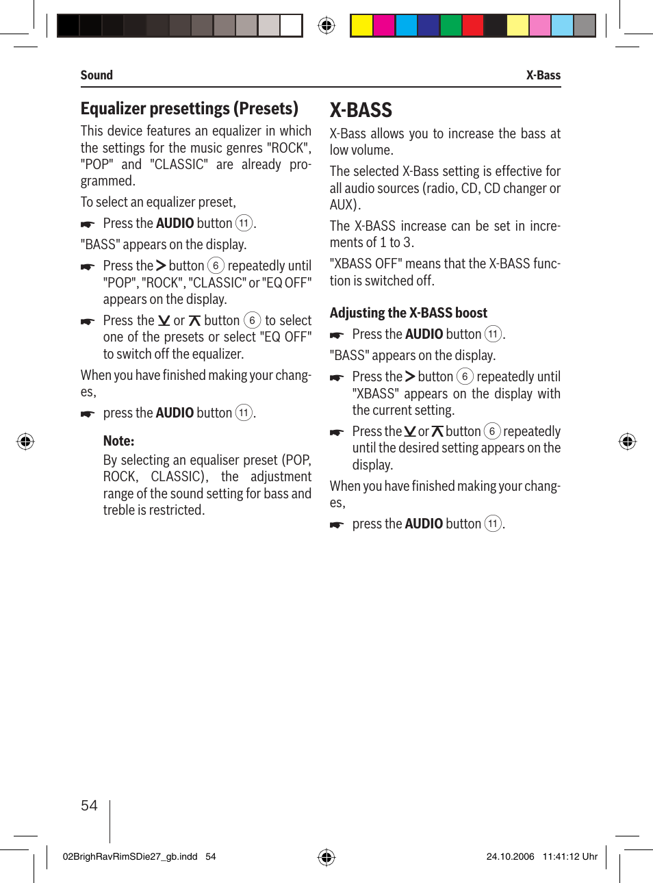 X-bass, Equalizer presettings (presets) | Blaupunkt BRIGHTON MP27 User Manual | Page 27 / 30