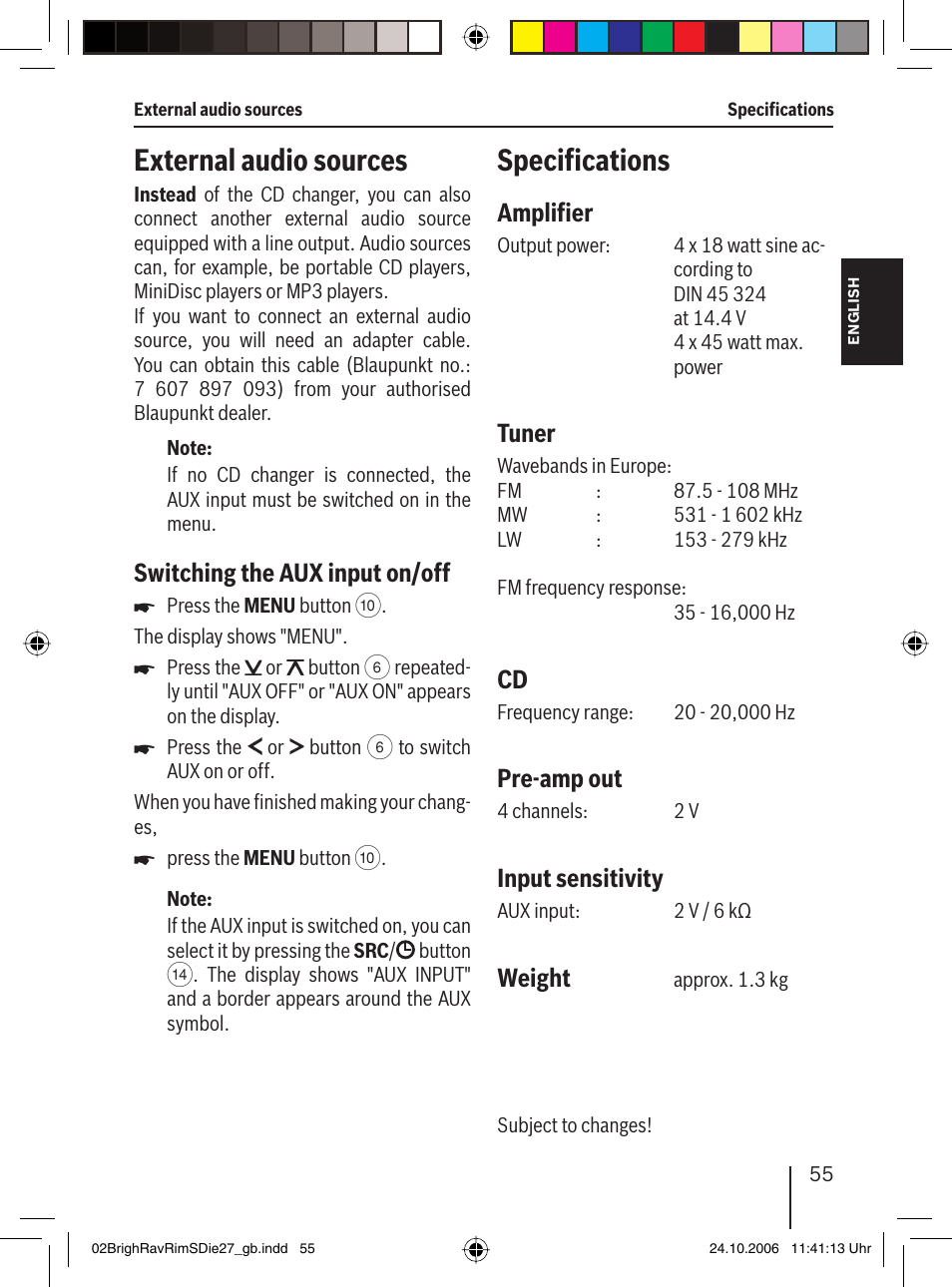 External audio sources, Speciﬁ cations, Switching the aux input on/off | Ampliﬁ er, Tuner, Pre-amp out, Input sensitivity, Weight | Blaupunkt BRIGHTON MP27 User Manual | Page 28 / 30