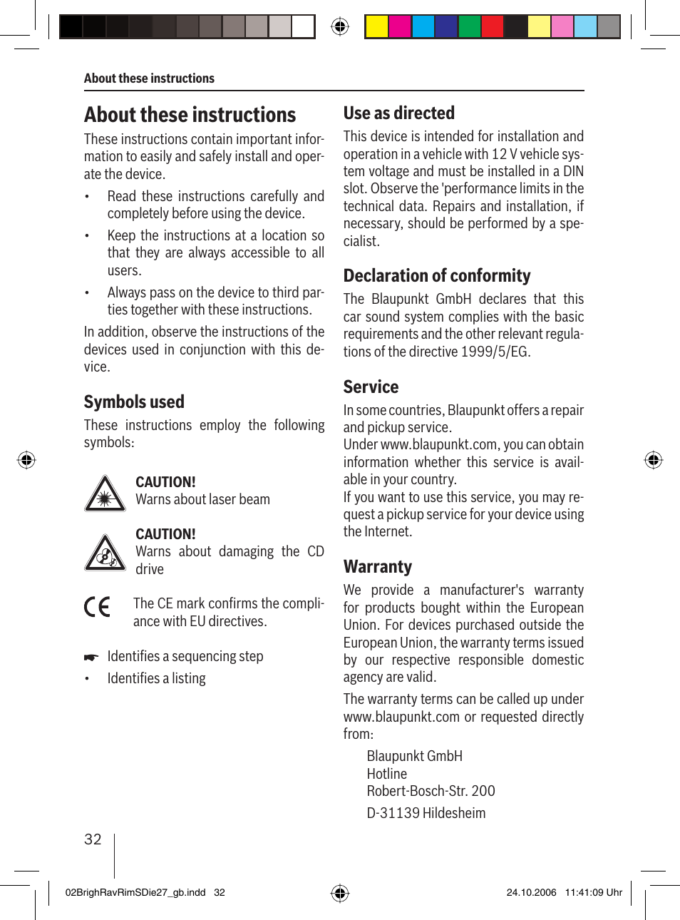 About these instructions, Symbols used, Use as directed | Declaration of conformity, Service, Warranty | Blaupunkt BRIGHTON MP27 User Manual | Page 5 / 30