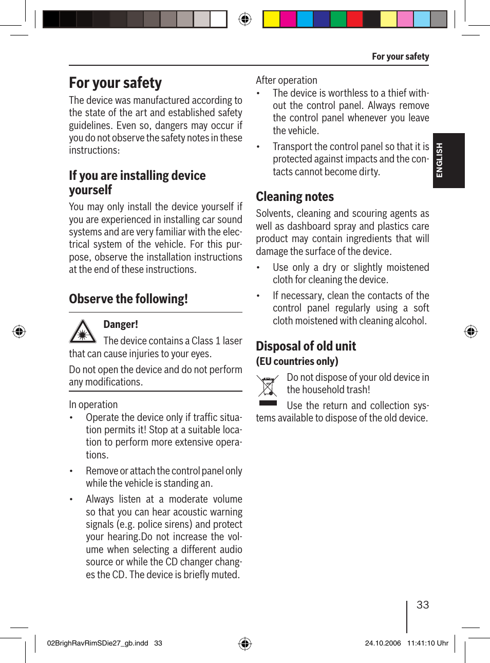 For your safety, If you are installing device yourself, Observe the following | Disposal of old unit | Blaupunkt BRIGHTON MP27 User Manual | Page 6 / 30