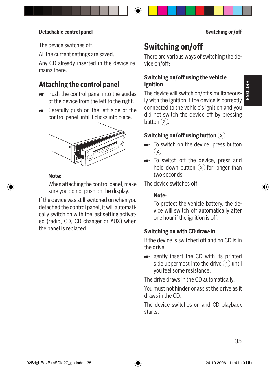 Switching on/off, Attaching the control panel | Blaupunkt BRIGHTON MP27 User Manual | Page 8 / 30