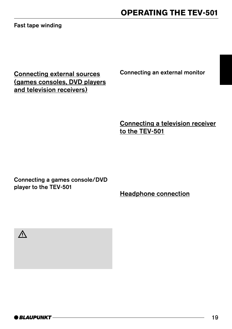 Operating the tev-501, Connecting a television receiver to the tev-501, Headphone connection | Blaupunkt TEV-501 User Manual | Page 10 / 13