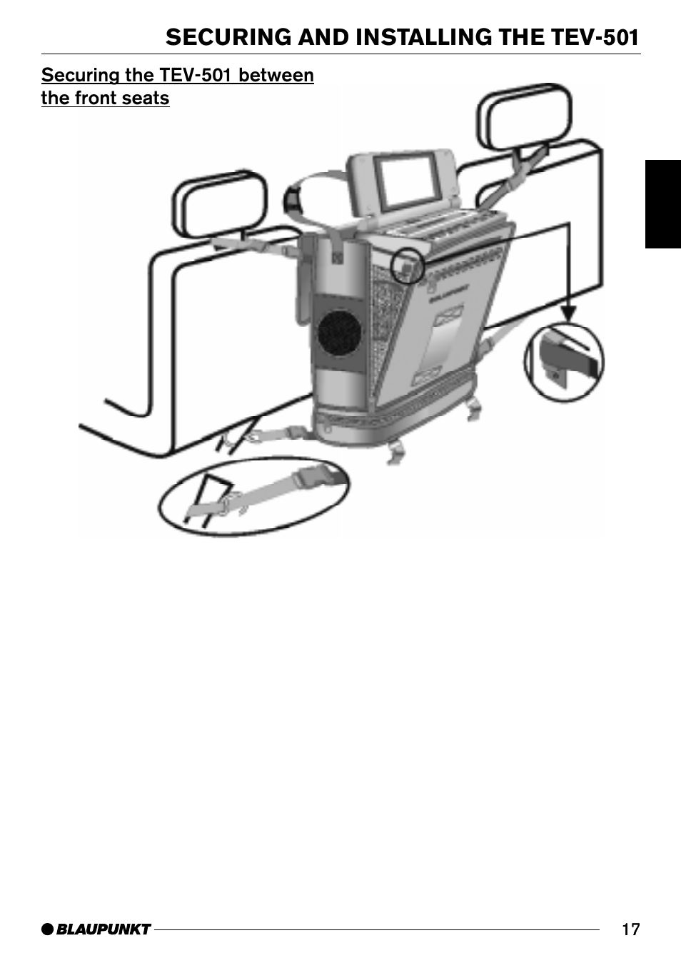 Securing and installing the tev-501, Securing the tev-501 between the front seats | Blaupunkt TEV-501 User Manual | Page 8 / 13