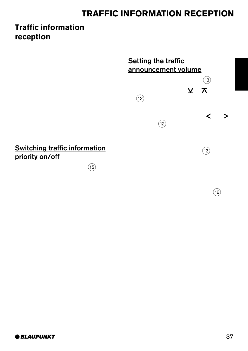 Traffic information reception, Switching traffic information priority on/off, Setting the traffic announcement volume | Blaupunkt Cleveland DJ31 User Manual | Page 15 / 23