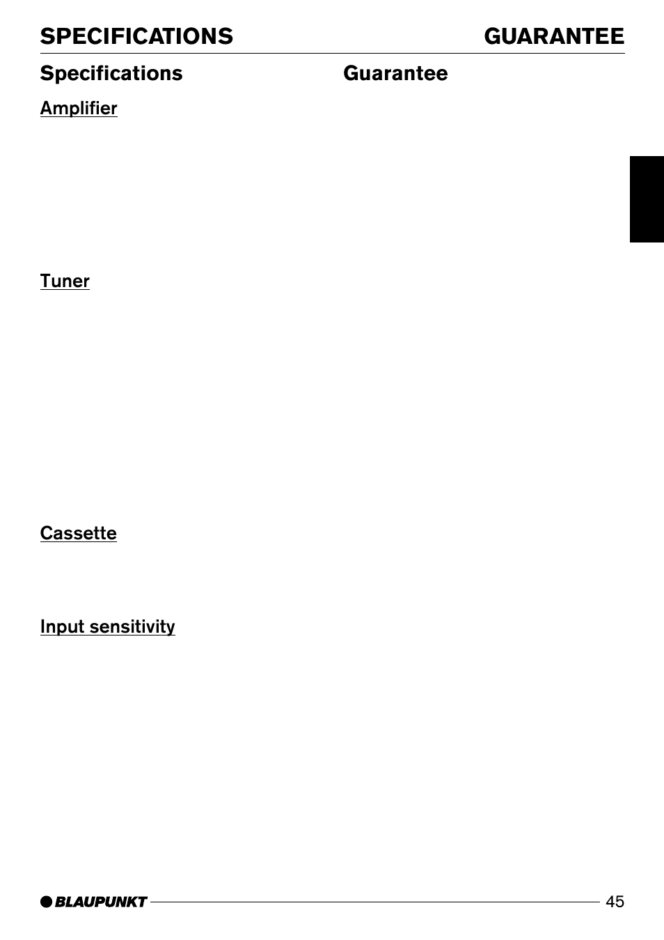 Specifications, Guarantee, Amplifier | Tuner, Cassette, Input sensitivity | Blaupunkt Cleveland DJ31 User Manual | Page 23 / 23