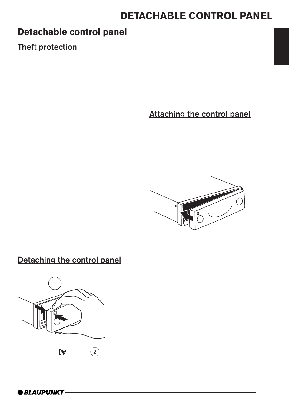Detachable control panel, Theft protection, Detaching the control panel 2 | Attaching the control panel | Blaupunkt MP35 User Manual | Page 7 / 26
