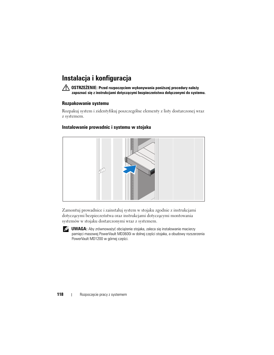 Instalacja i konfiguracja, Rozpakowanie systemu, Instalowanie prowadnic i systemu w stojaku | Dell POWERVAULT MD3620I User Manual | Page 120 / 222