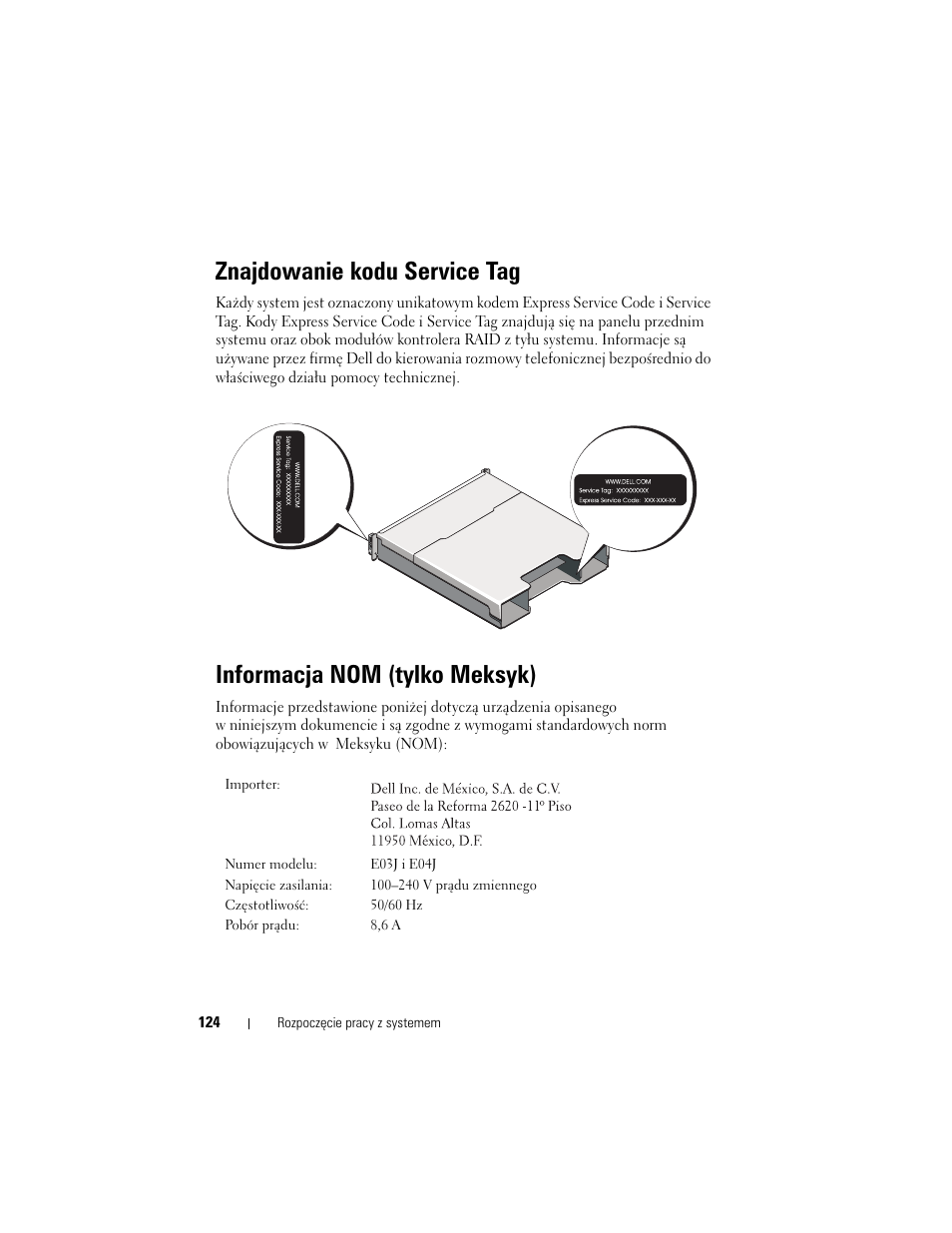 Znajdowanie kodu service tag, Informacja nom (tylko meksyk) | Dell POWERVAULT MD3620I User Manual | Page 126 / 222