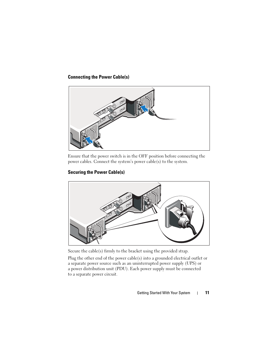 Connecting the power cable(s), Securing the power cable(s) | Dell POWERVAULT MD3620I User Manual | Page 13 / 222