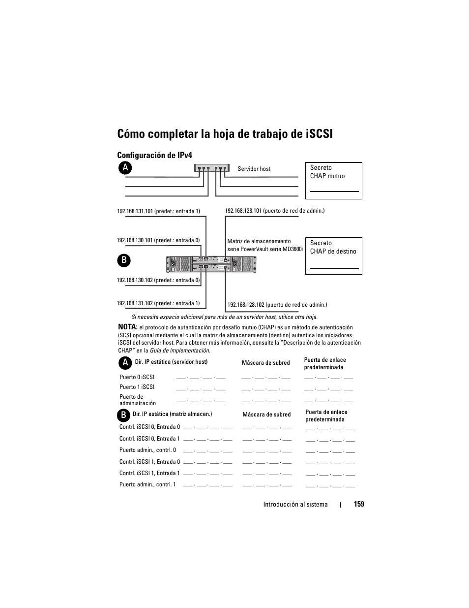 Cómo completar la hoja de trabajo de iscsi, Configuración de ipv4 | Dell POWERVAULT MD3620I User Manual | Page 161 / 222