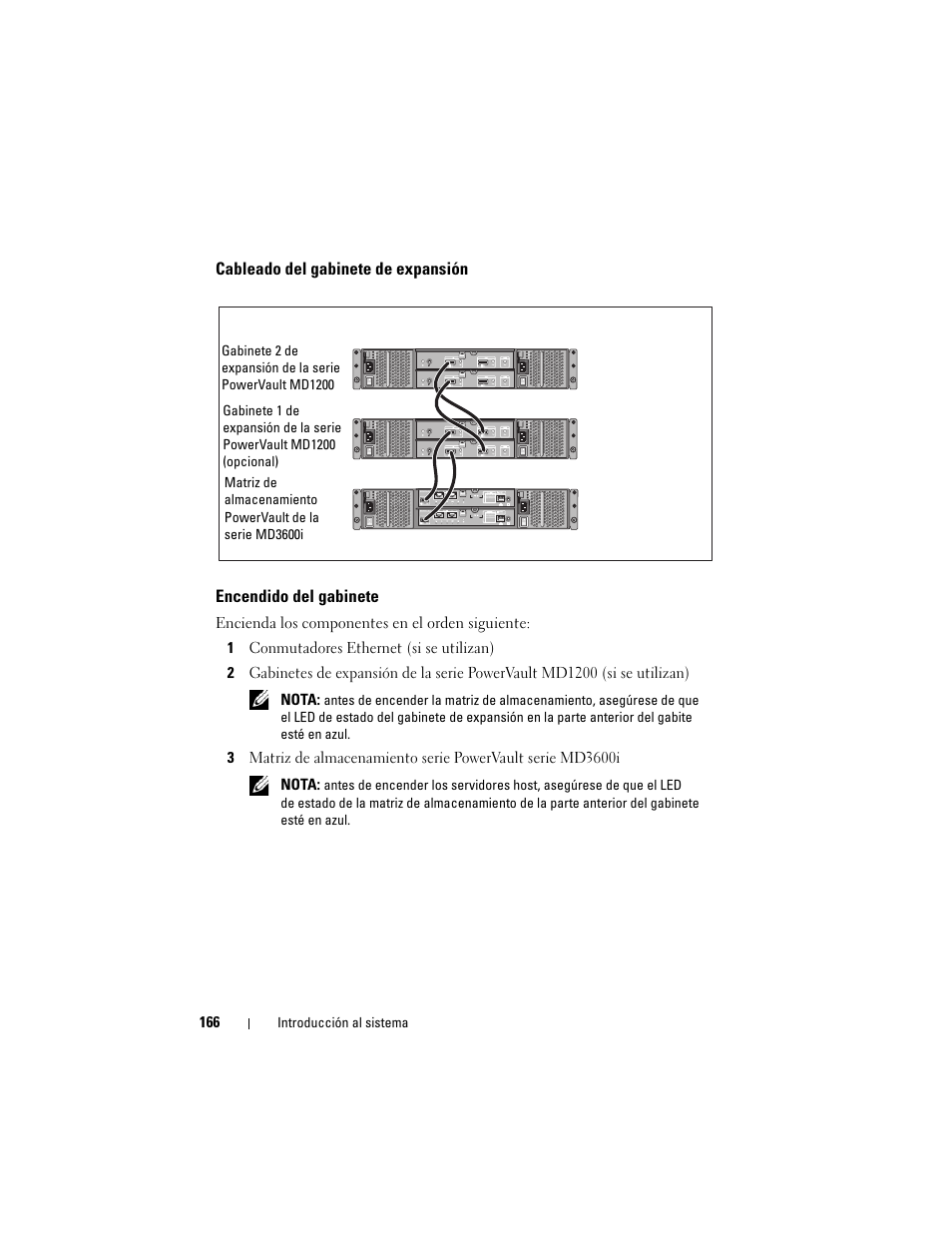 Cableado del gabinete de expansión, Encendido del gabinete | Dell POWERVAULT MD3620I User Manual | Page 168 / 222