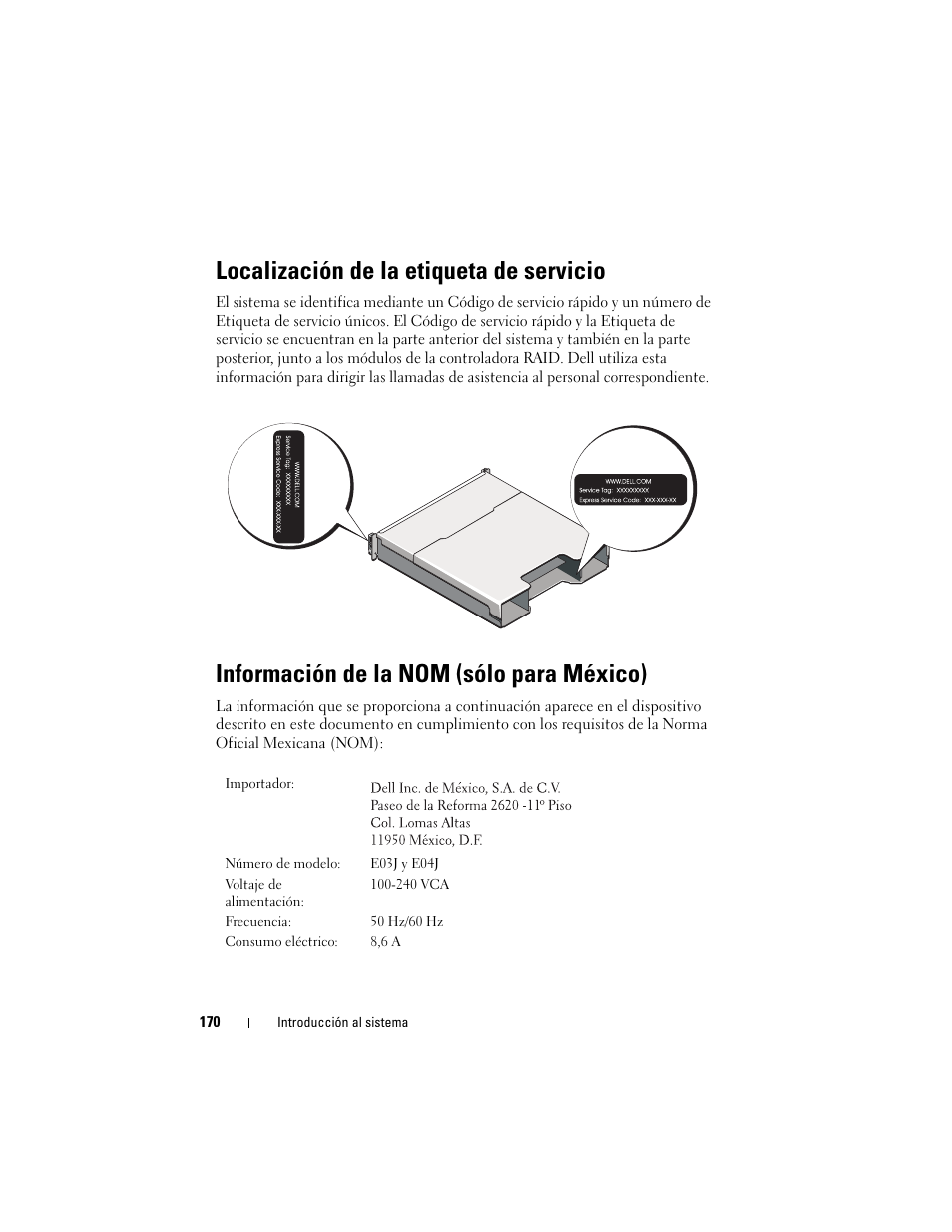 Localización de la etiqueta de servicio, Información de la nom (sólo para méxico) | Dell POWERVAULT MD3620I User Manual | Page 172 / 222