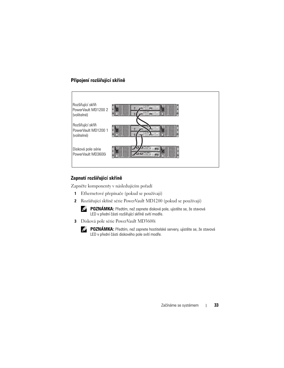 Připojení rozšiřující skříně, Zapnutí rozšiřující skříně | Dell POWERVAULT MD3620I User Manual | Page 35 / 222