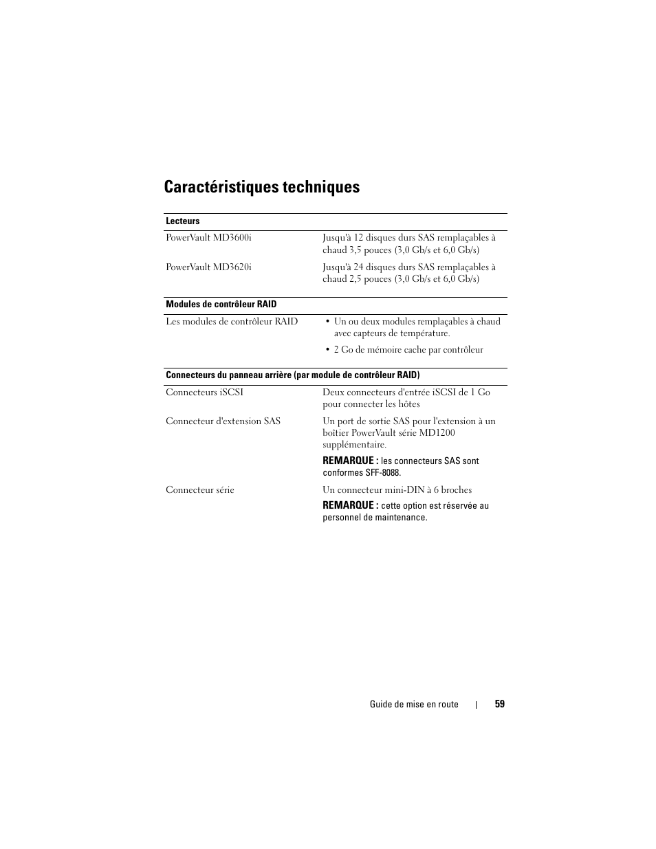 Caractéristiques techniques | Dell POWERVAULT MD3620I User Manual | Page 61 / 222