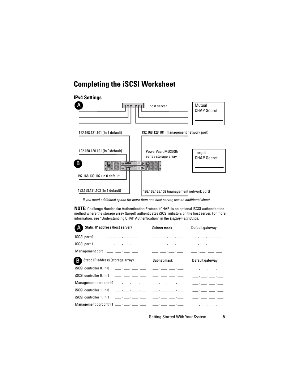 Completing the iscsi worksheet, Ipv4 settings | Dell POWERVAULT MD3620I User Manual | Page 7 / 222