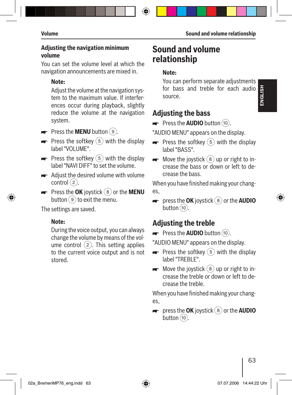 Sound and volume relationship, Adjusting the bass, Adjusting the treble | Blaupunkt BREMEN MP76 User Manual | Page 11 / 55