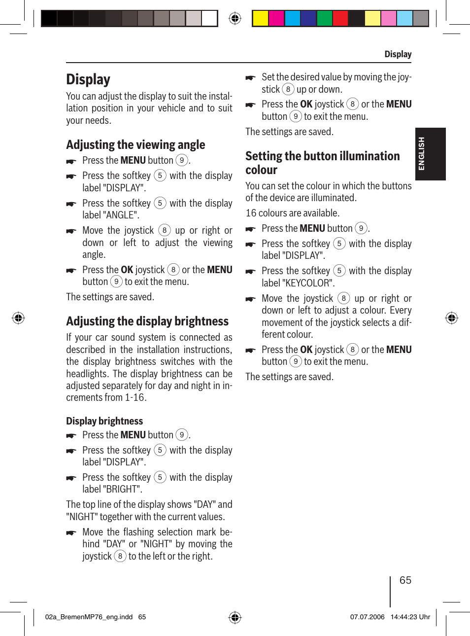 Display, Adjusting the viewing angle, Adjusting the display brightness | Setting the button illumination colour | Blaupunkt BREMEN MP76 User Manual | Page 13 / 55