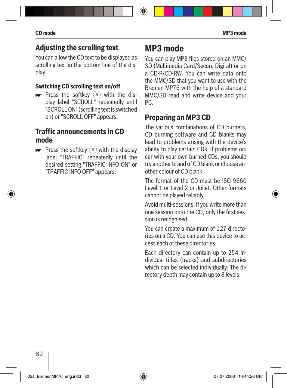 Mp3 mode, Adjusting the scrolling text, Trafﬁ c announcements in cd mode | Preparing an mp3 cd | Blaupunkt BREMEN MP76 User Manual | Page 30 / 55