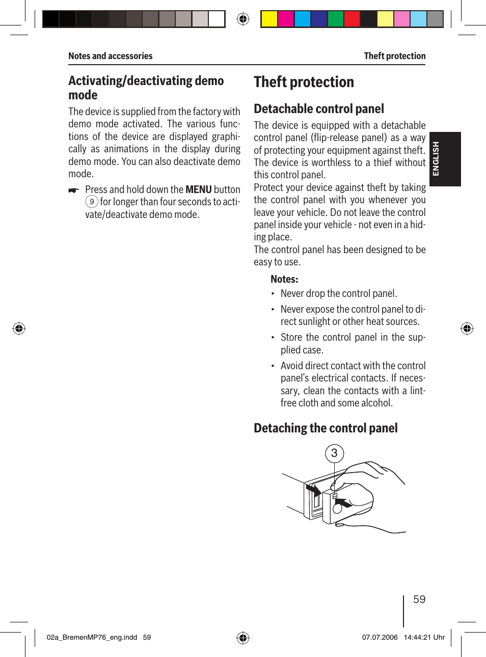 Theft protection, Activating/deactivating demo mode, Detachable control panel | Detaching the control panel | Blaupunkt BREMEN MP76 User Manual | Page 7 / 55