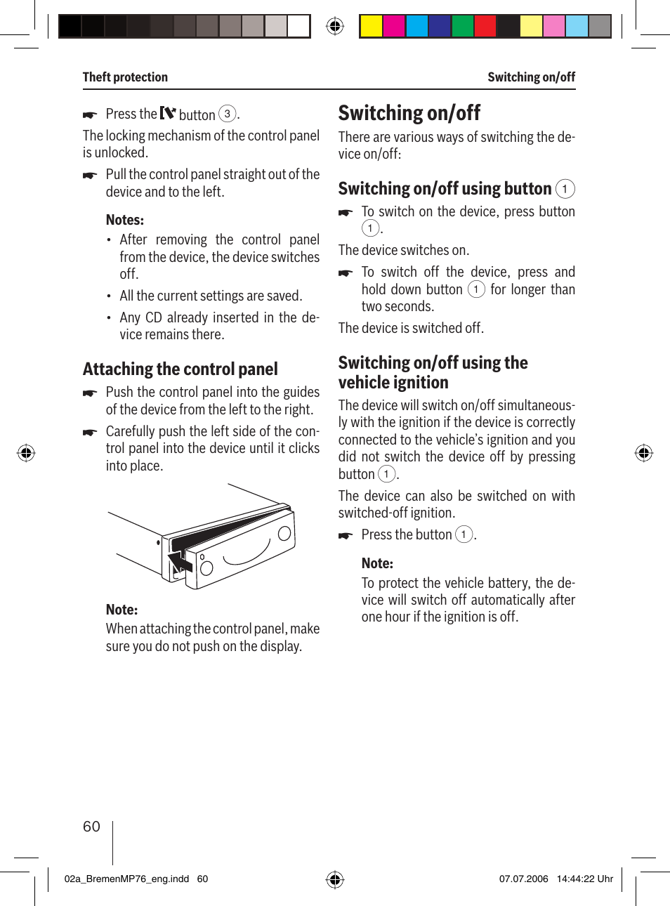 Switching on/off, Attaching the control panel, Switching on/off using button | Switching on/off using the vehicle ignition | Blaupunkt BREMEN MP76 User Manual | Page 8 / 55