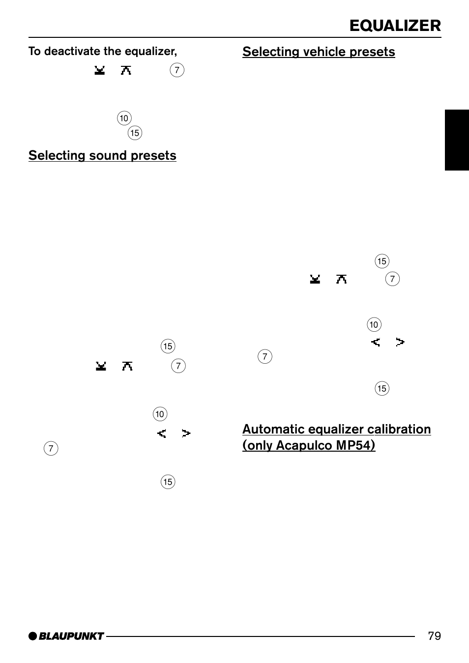 Equalizer, Selecting sound presets, Selecting vehicle presets | Blaupunkt Acapulco MP54 User Manual | Page 36 / 45