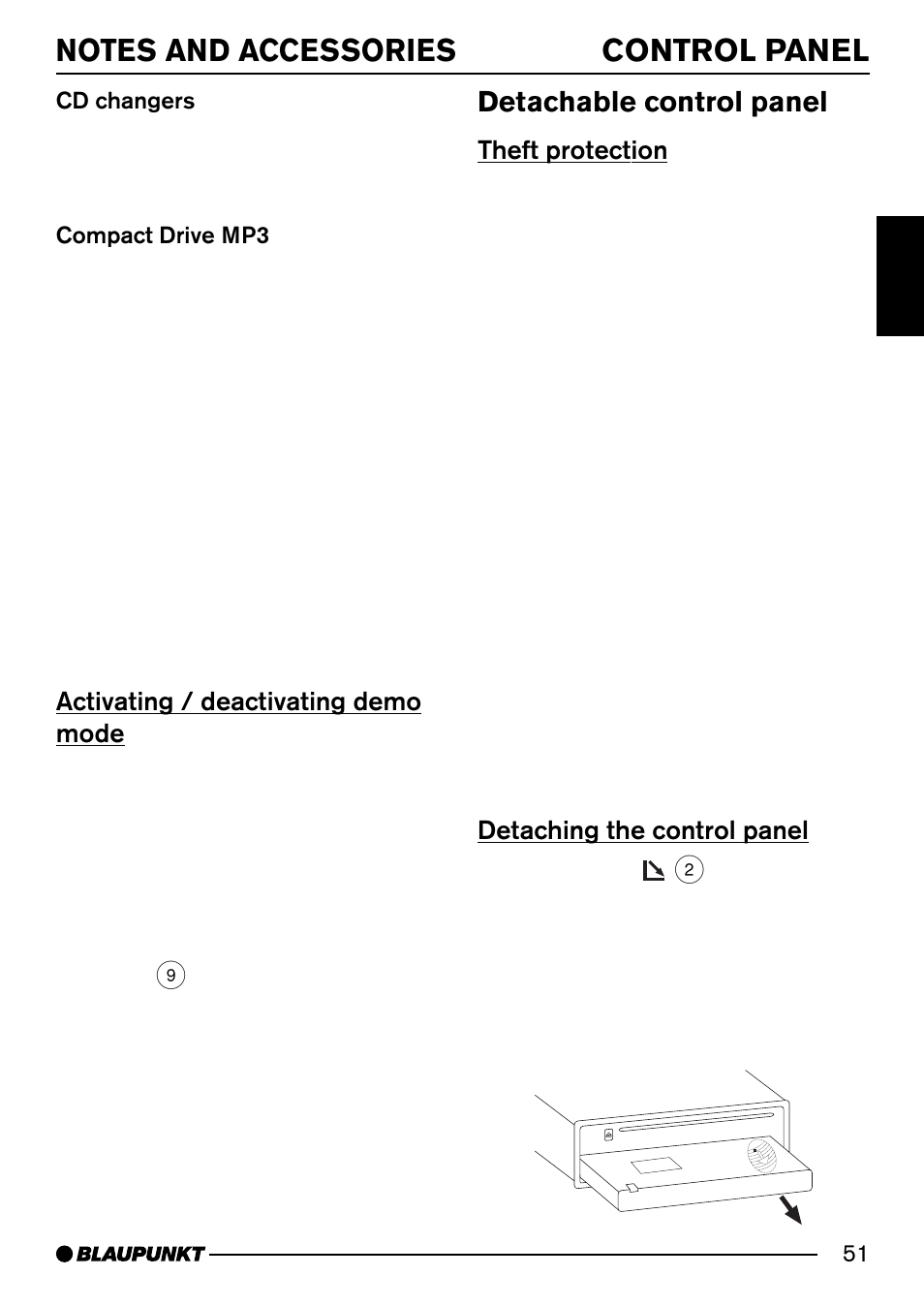 Control panel, Detachable control panel, Theft protection | Detaching the control panel, Activating / deactivating demo mode | Blaupunkt Acapulco MP54 User Manual | Page 8 / 45