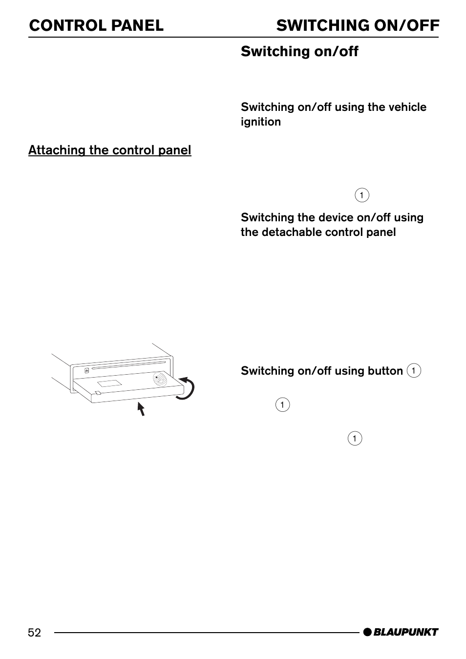 Control panel switching on/off, Switching on/off | Blaupunkt Acapulco MP54 User Manual | Page 9 / 45