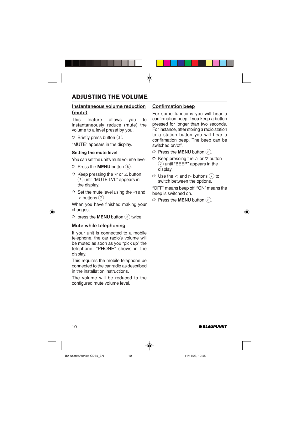 Adjusting the volume | Blaupunkt Atlanta CD34 User Manual | Page 10 / 84