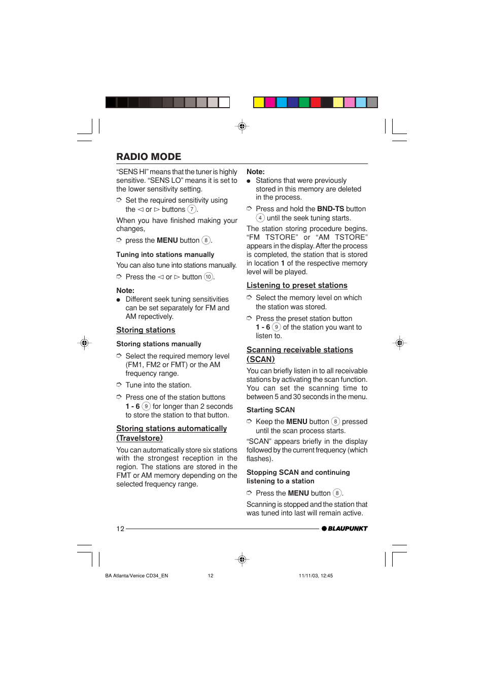 Radio mode | Blaupunkt Atlanta CD34 User Manual | Page 12 / 84