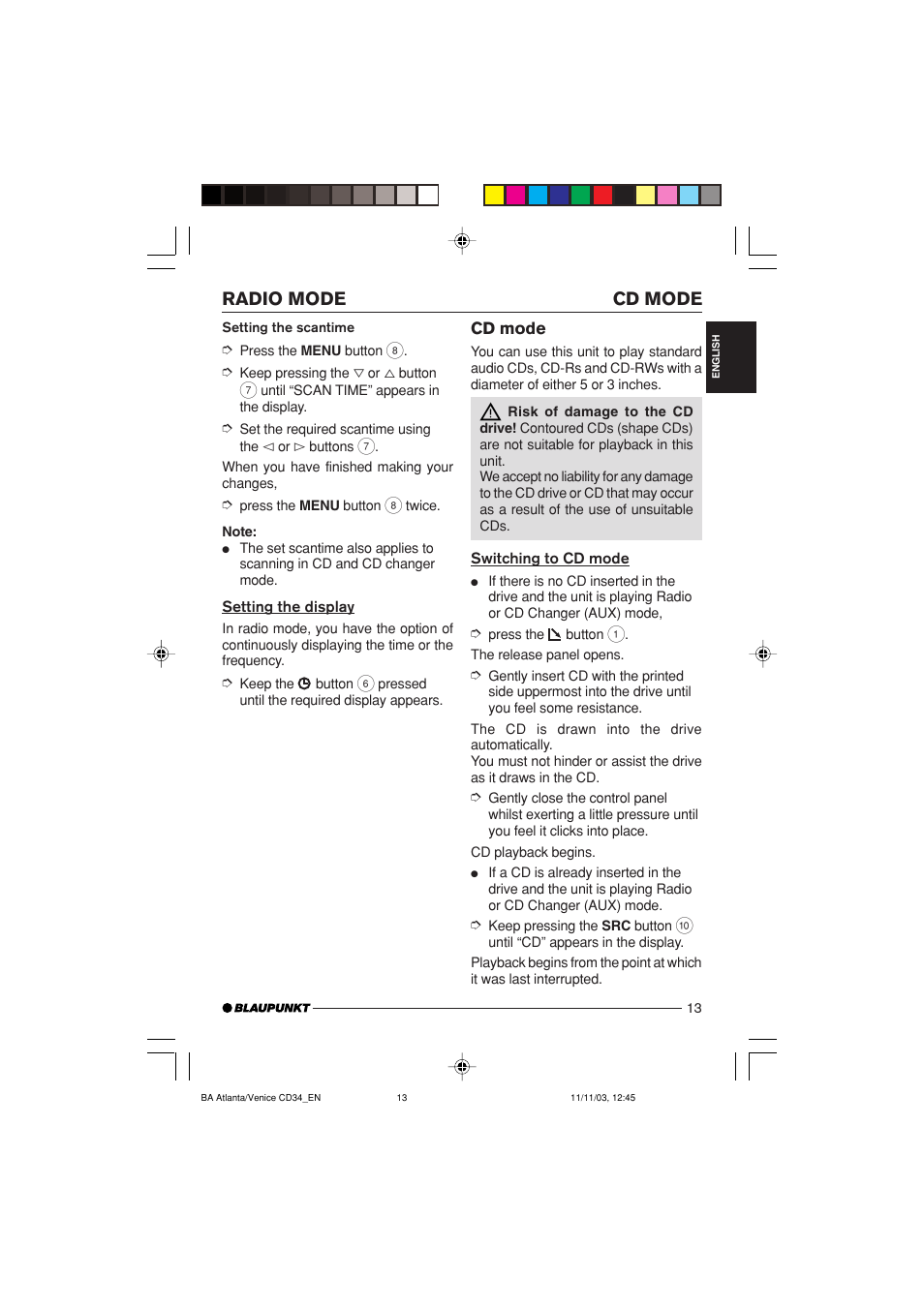 Cd mode radio mode | Blaupunkt Atlanta CD34 User Manual | Page 13 / 84