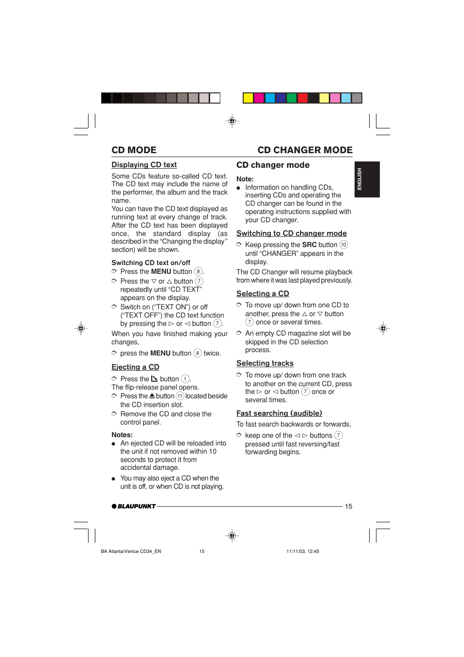 Cd changer mode cd mode | Blaupunkt Atlanta CD34 User Manual | Page 15 / 84