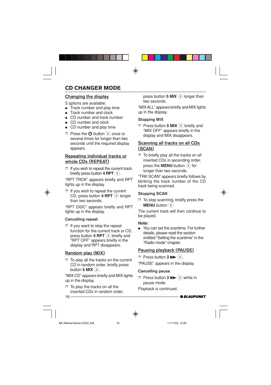 Cd changer mode | Blaupunkt Atlanta CD34 User Manual | Page 16 / 84