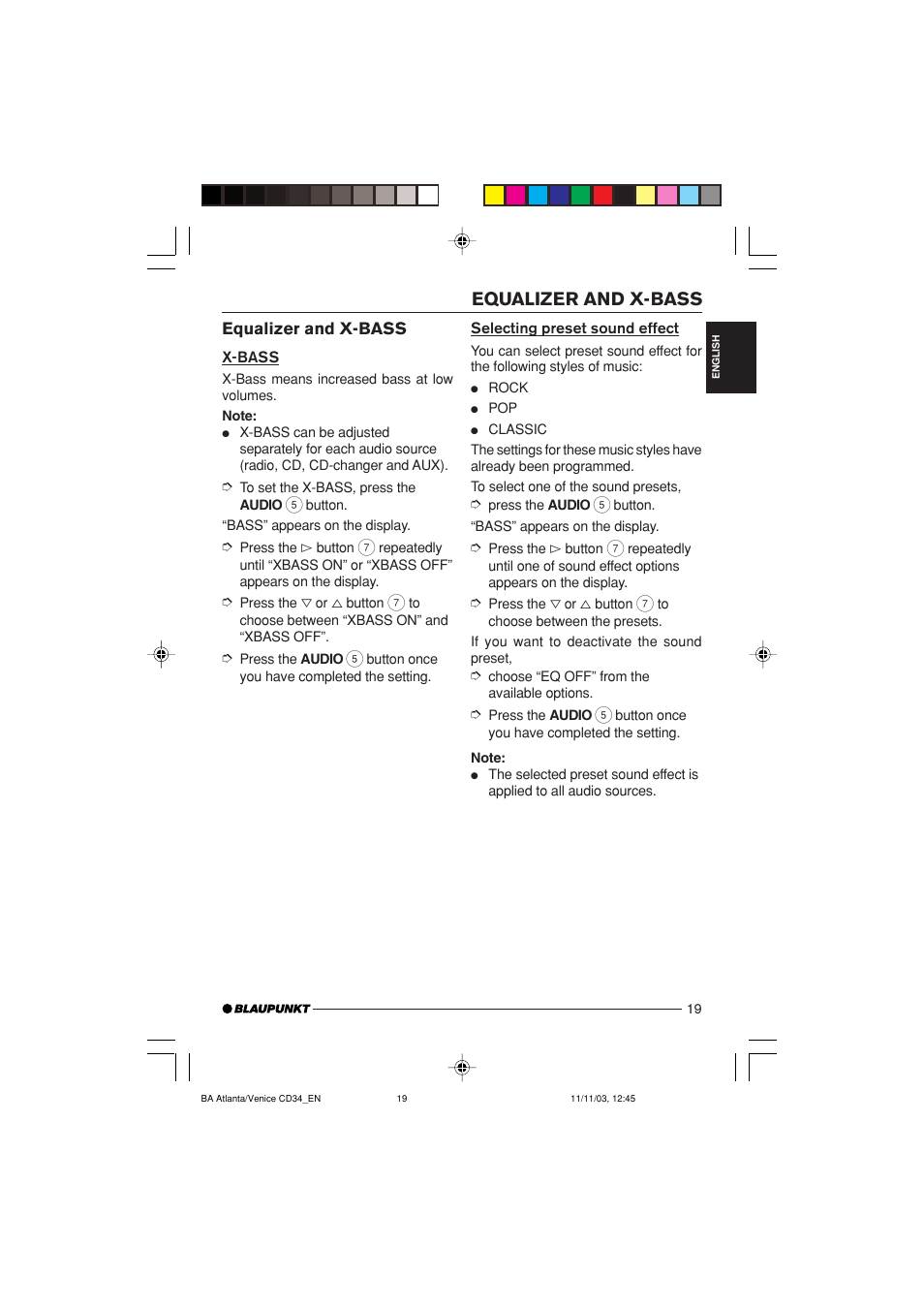 Equalizer and x-bass | Blaupunkt Atlanta CD34 User Manual | Page 19 / 84