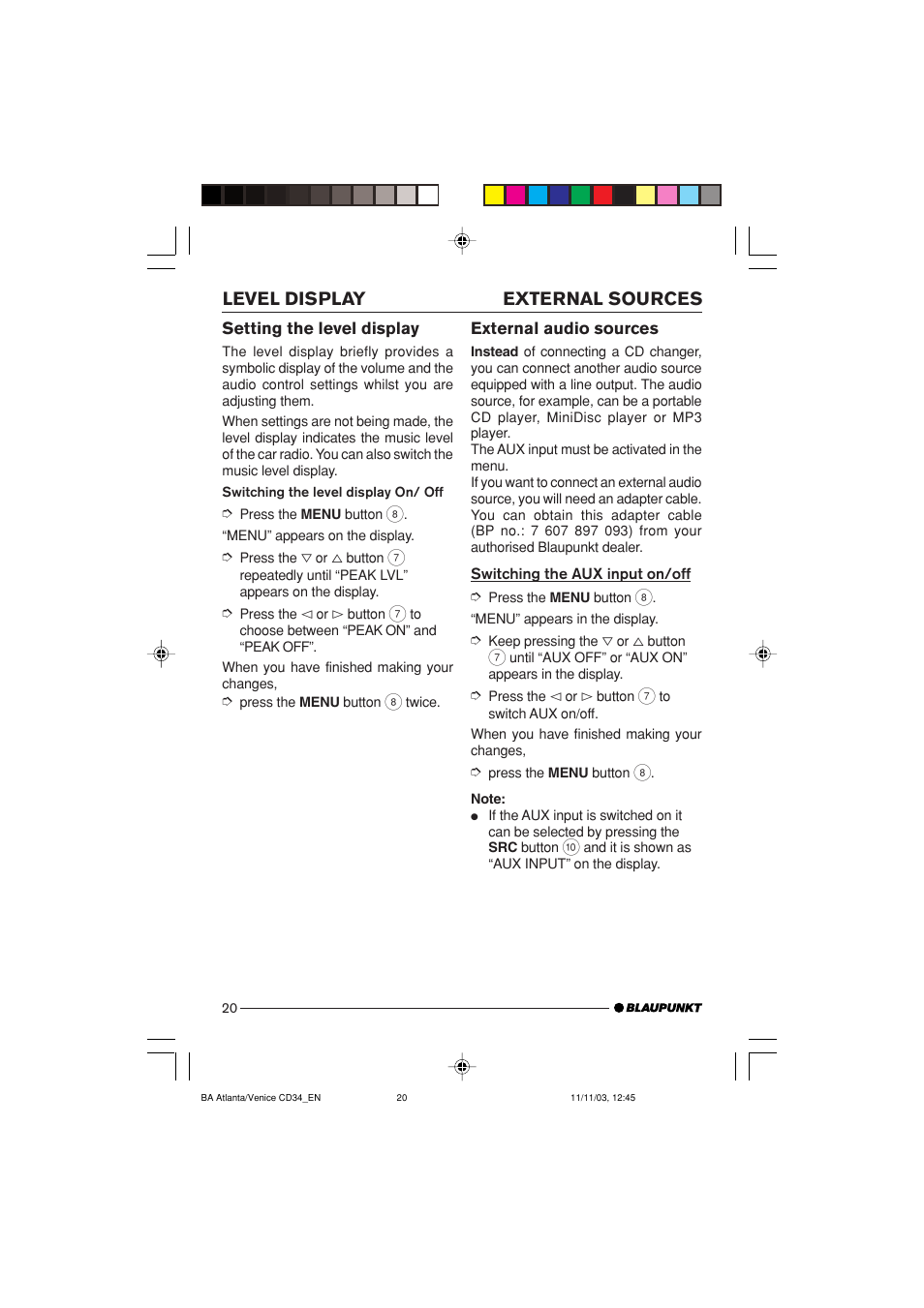 External sources level display | Blaupunkt Atlanta CD34 User Manual | Page 20 / 84