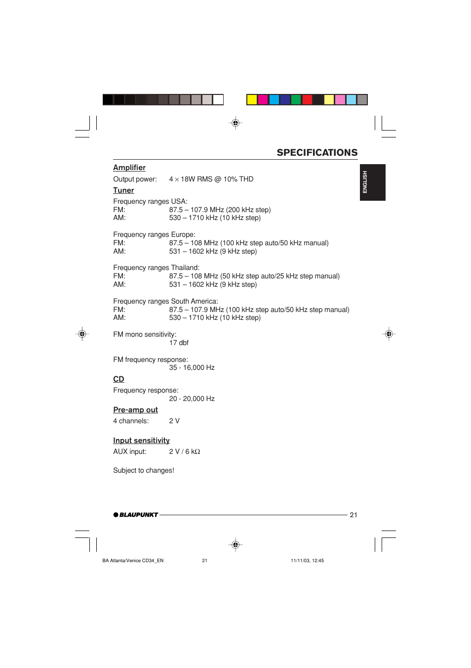 Specifications | Blaupunkt Atlanta CD34 User Manual | Page 21 / 84