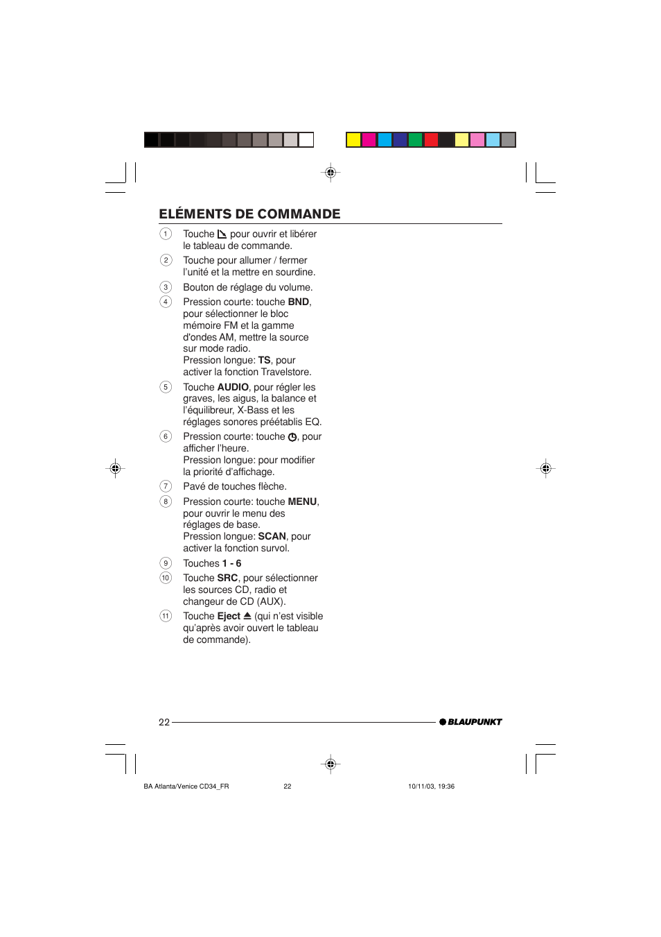 Eléments de commande | Blaupunkt Atlanta CD34 User Manual | Page 22 / 84