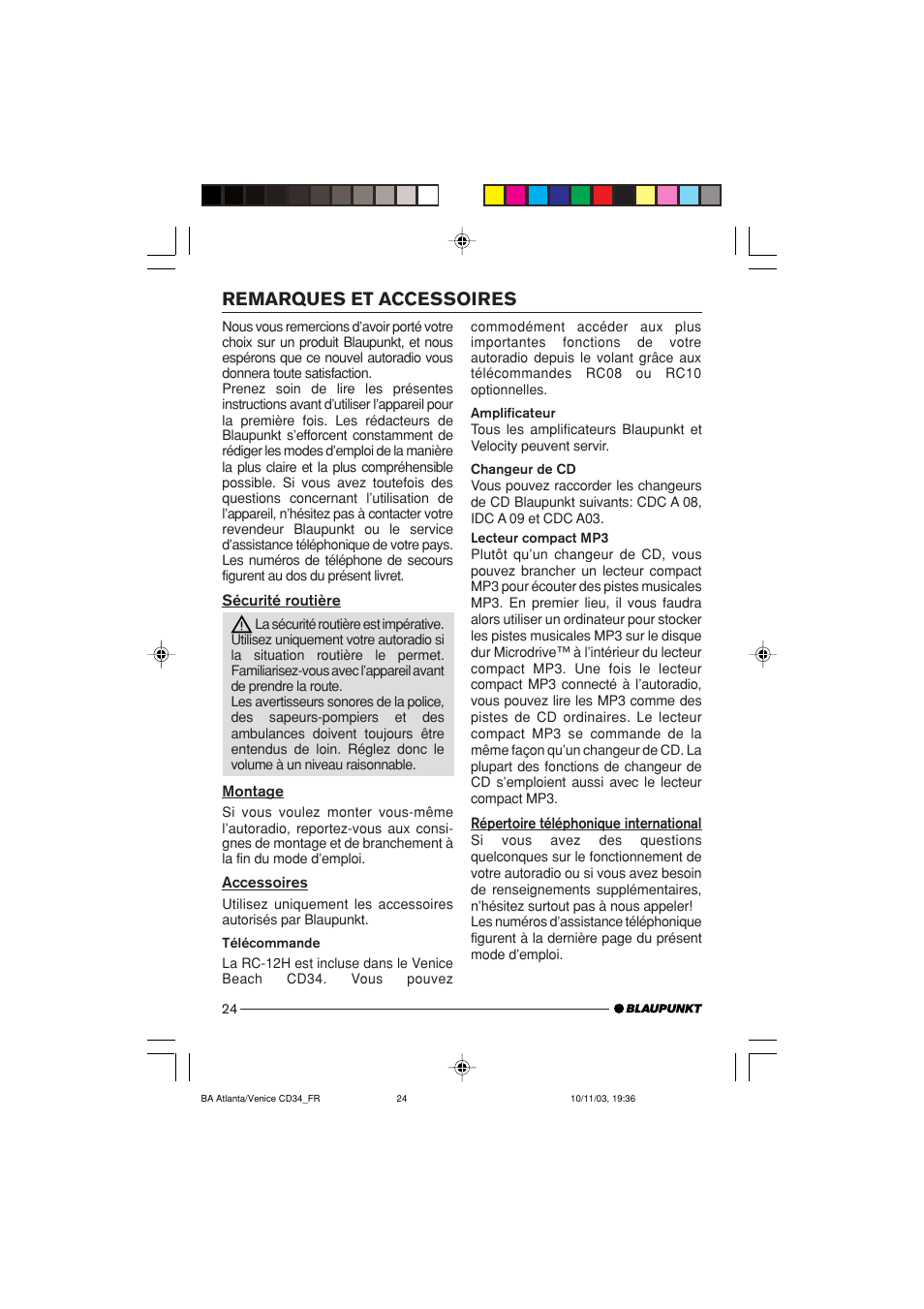 Remarques et accessoires | Blaupunkt Atlanta CD34 User Manual | Page 24 / 84