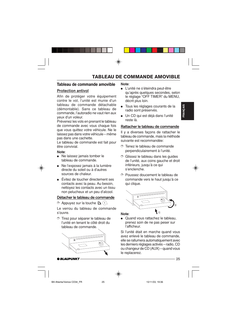 Tableau de commande amovible | Blaupunkt Atlanta CD34 User Manual | Page 25 / 84