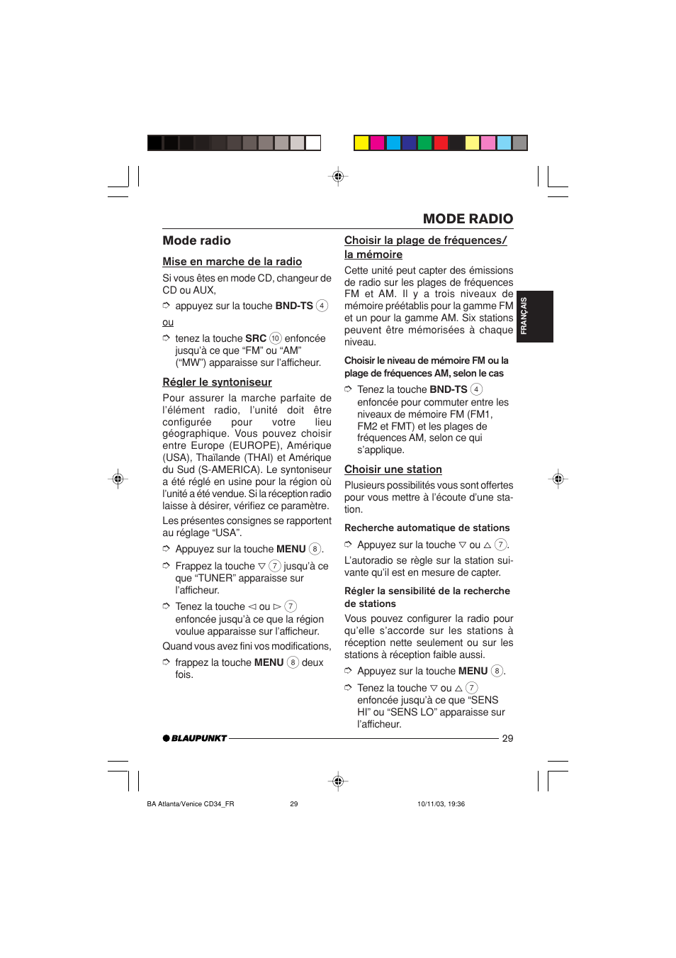 Mode radio | Blaupunkt Atlanta CD34 User Manual | Page 29 / 84