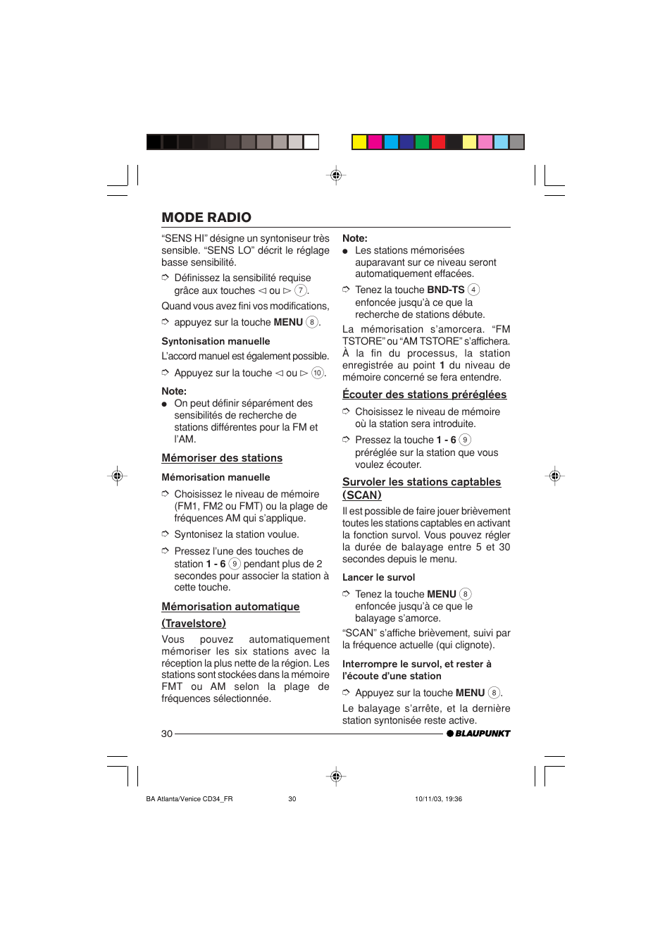 Mode radio | Blaupunkt Atlanta CD34 User Manual | Page 30 / 84