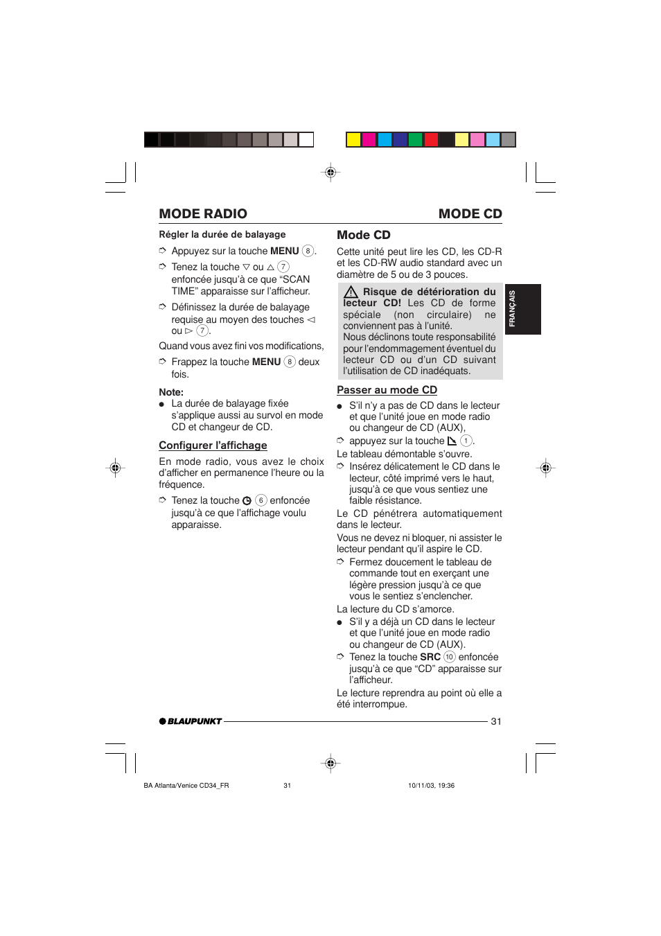 Mode cd mode radio | Blaupunkt Atlanta CD34 User Manual | Page 31 / 84