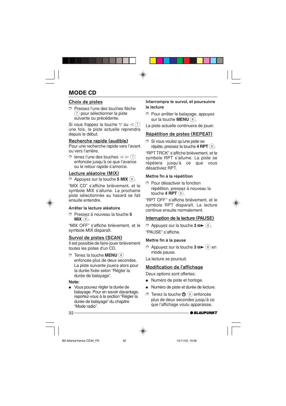 Mode cd | Blaupunkt Atlanta CD34 User Manual | Page 32 / 84