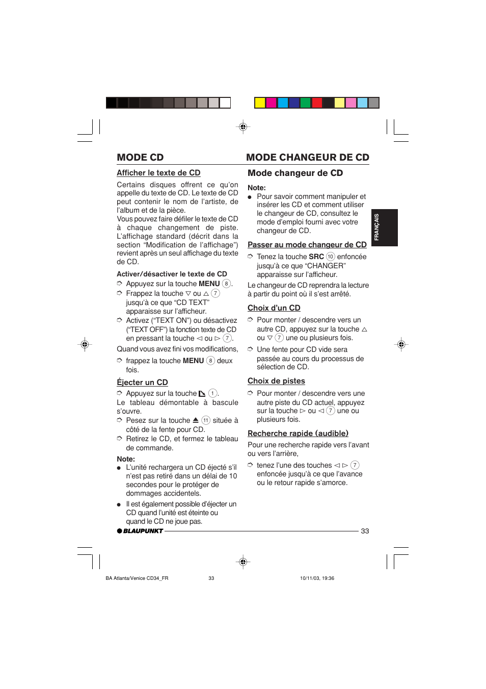 Mode changeur de cd mode cd | Blaupunkt Atlanta CD34 User Manual | Page 33 / 84